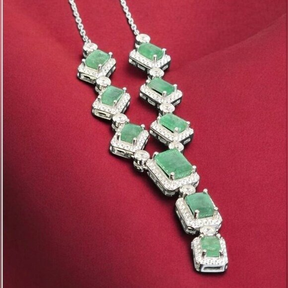 925 Sterling Silver Necklace 18" with Natural Emerald Gem & Cz - Picture 2 of 9